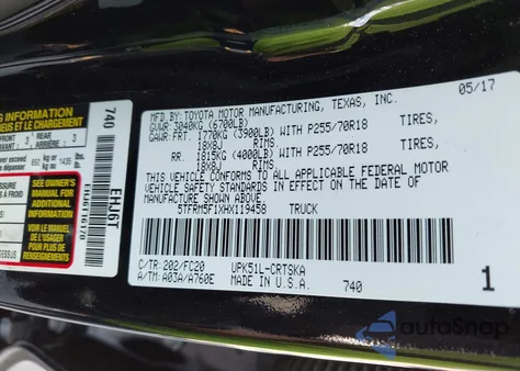 2017 Toyota Tundra Sr5 4.6L V8 из США, поврежденный, VIN 5TFRM5F1XHX119458